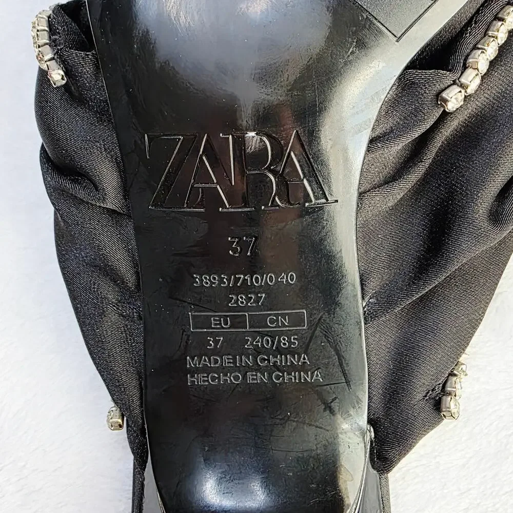 ZARA Satin Mule Heels EU 37 6.5 Black Rhinestone Bow Slip-On Glam Coquette Y2K
